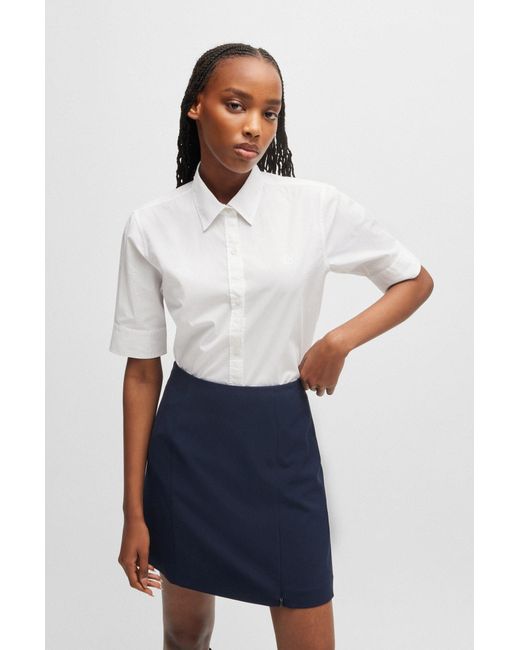 HUGO White Regular-fit Blouse In Stretch Cotton With Stacked Logo