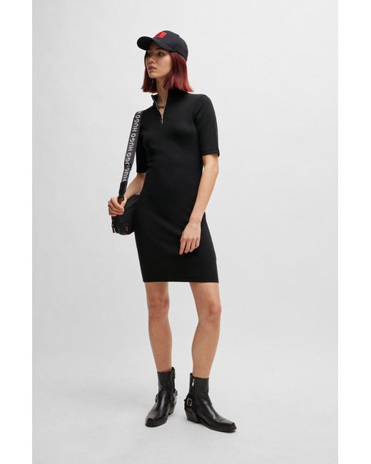 HUGO Black Zip-neck Dress In Stretch Jersey With Stacked Logo