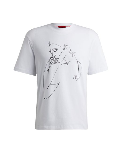 HUGO White Relaxed-fit T-shirt In Cotton Jersey With Face Print for men
