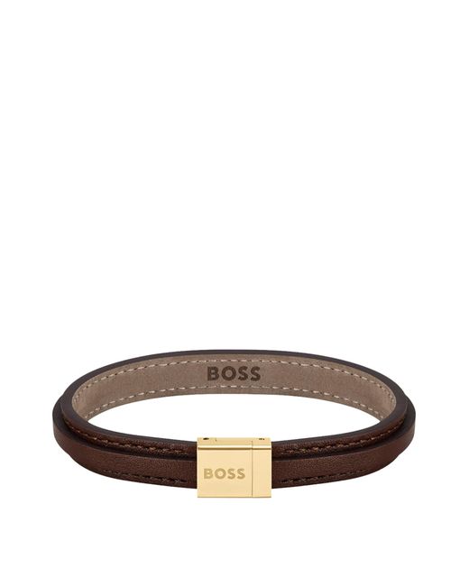 Boss Brown Double-layered Leather Cuff With Logo-detail Closure: Medium for men