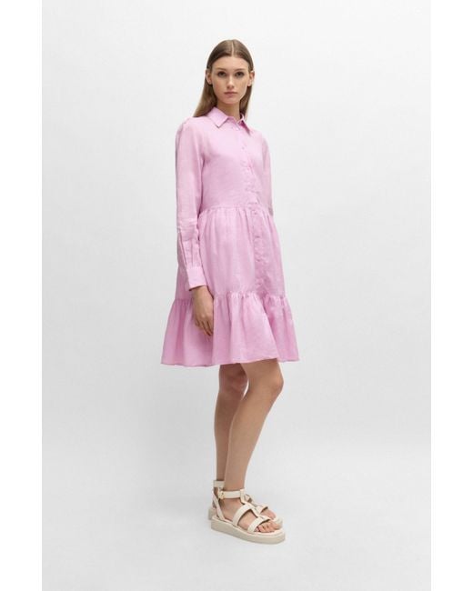 Boss Pink Gestuftes Hemdblusenkleid aus Ramie mit Baumwoll-Unterkleid