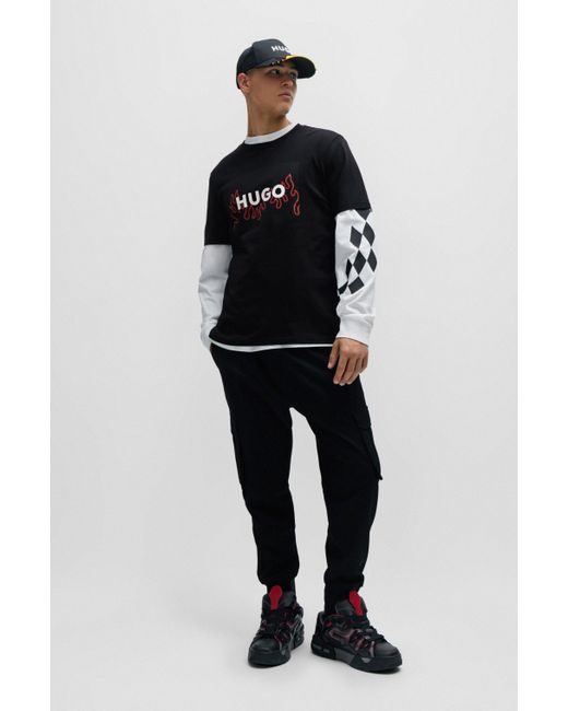 T-shirt Regular Fit en jersey de coton avec logo flamme HUGO pour homme en coloris Black