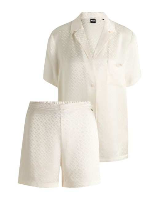 Boss White Kurzer Pyjama Aus Satin Mit Monogramm-Jacquard