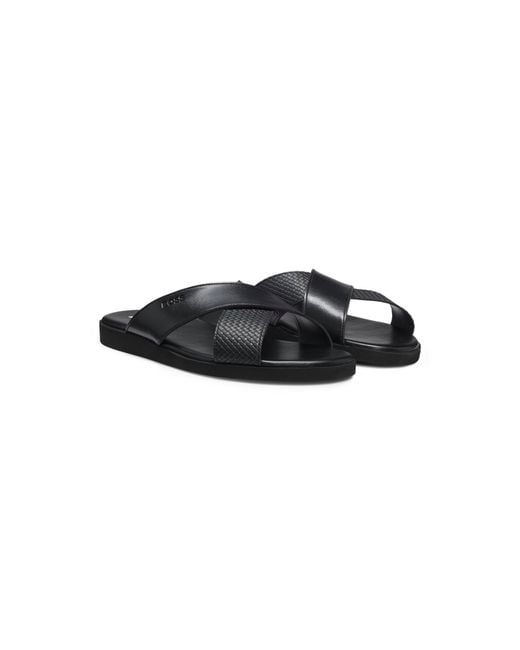 Boss Black Faux-Leather Slides With Plain And Patterned Straps for men
