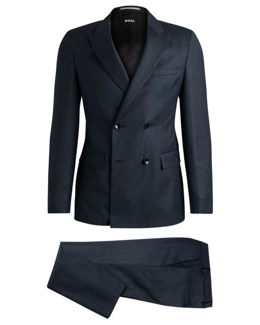 Boss Blue Double-breasted Slim-fit Suit In Micro-patterned Wool for men