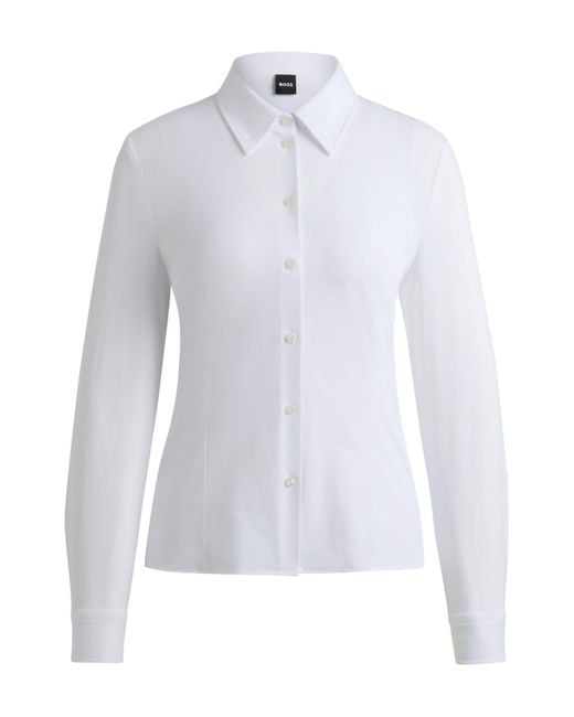 Boss White Extra-slim-fit Blouse In Italian Performance-stretch Dobby