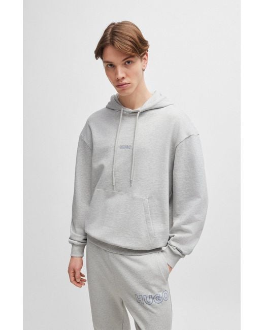 HUGO Gray Cotton-terry Hoodie With Outline Logos for men