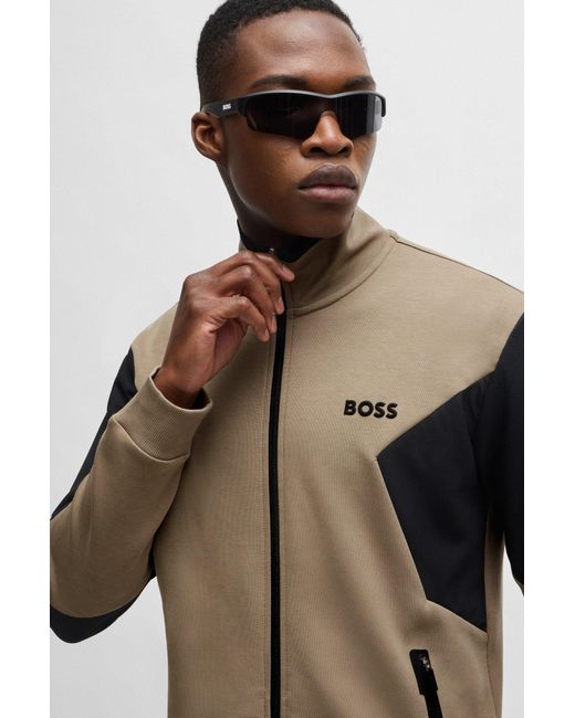 Boss Brown Cotton-blend Zip-up Sweatshirt With 3d-moulded Logo for men