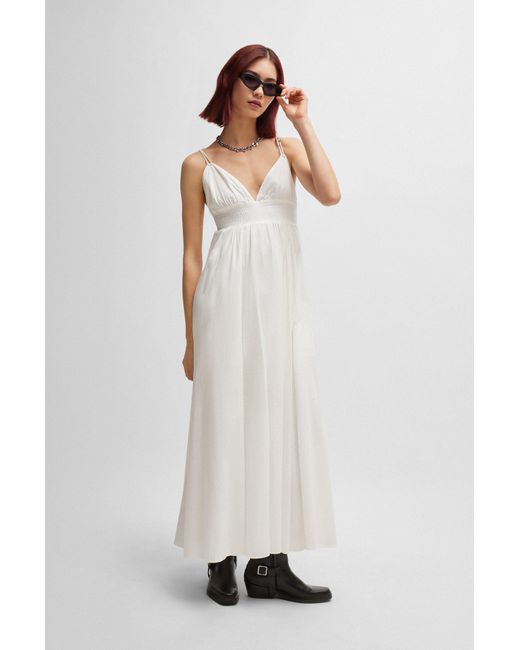HUGO White Cotton-voile Maxi Dress With Smocking And Double Straps