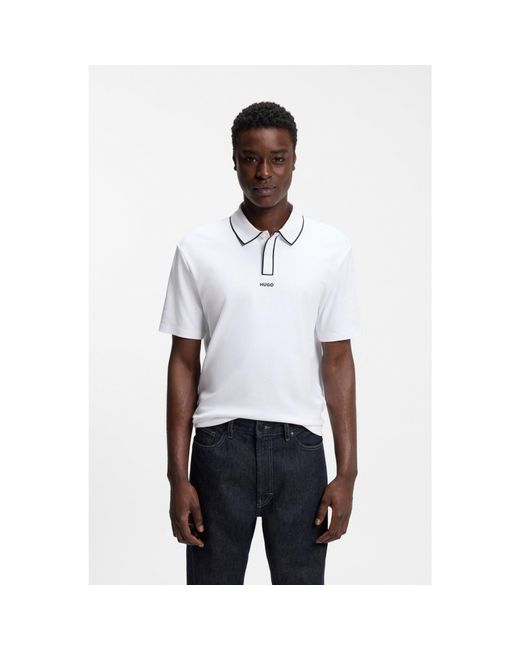 HUGO White Luxury-Cotton Polo Shirt With Contrast Trims for men