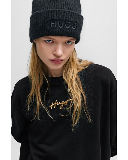 HUGO Black Relaxed-fit Sweatshirt With Metallic-effect Handwritten Logo