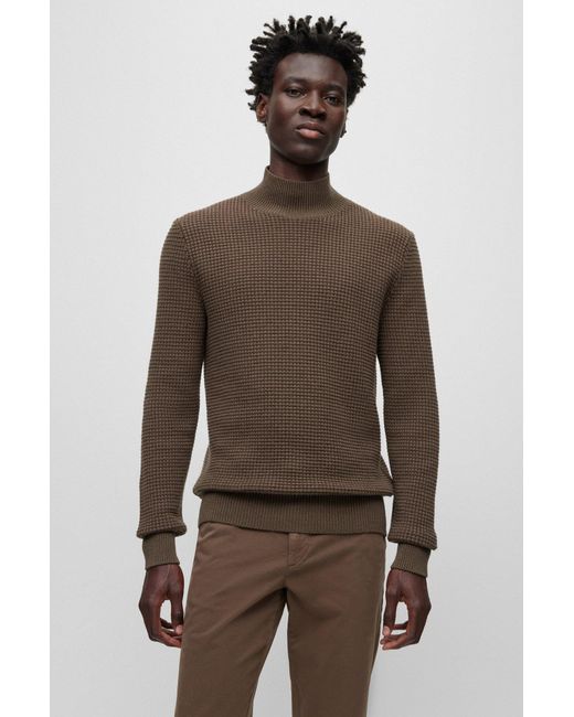 Boss Brown Mock-neck Sweater In Structured Cotton And Virgin Wool for men