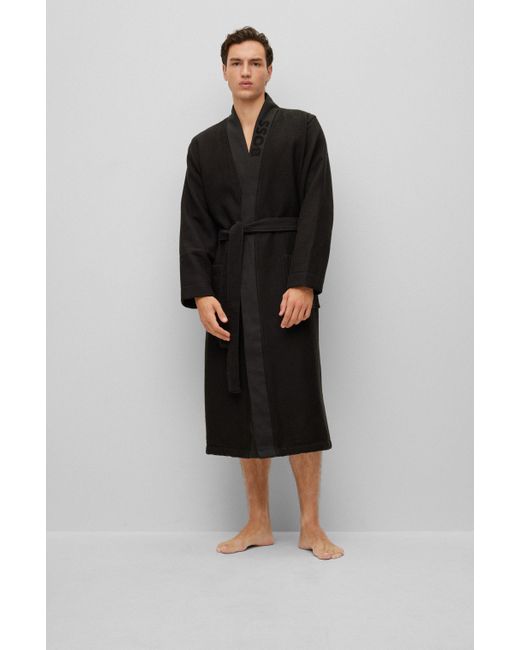 Boss Black Waffle-piqué Dressing Gown With Logo-embroidered Collar for men