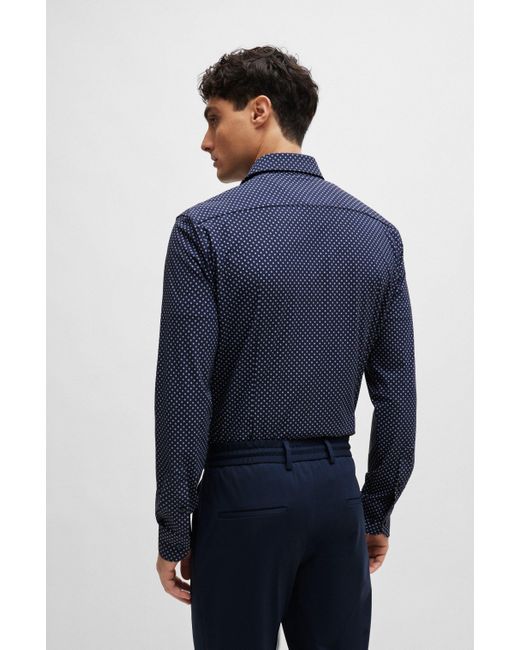 Boss Blue Slim-fit Shirt In Printed Performance-stretch Material for men