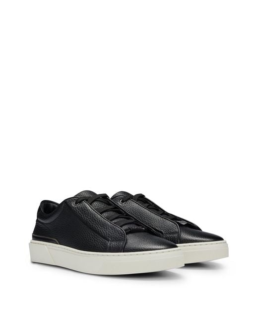 Boss Black Hammered Leather Sneakers With Contrasting Details for men