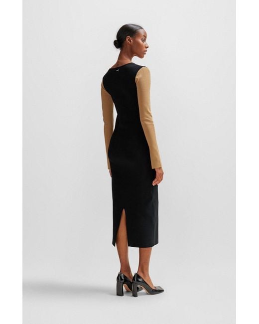 Boss Black Long-sleeved Knitted Dress With Ribbed Structure And V Neckline
