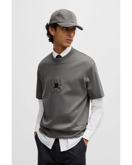 HUGO Gray S Debostac Interlock-cotton T-shirt With Stacked Logos for men