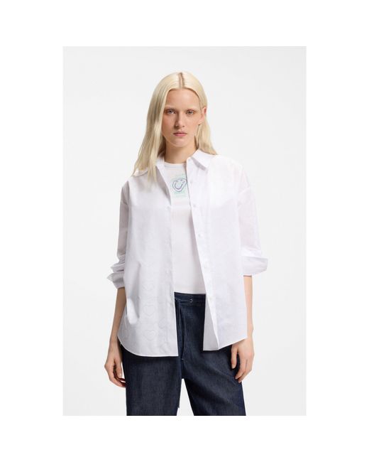 HUGO White Oversized-Fit Blouse With Burnout Heart And Logo Print