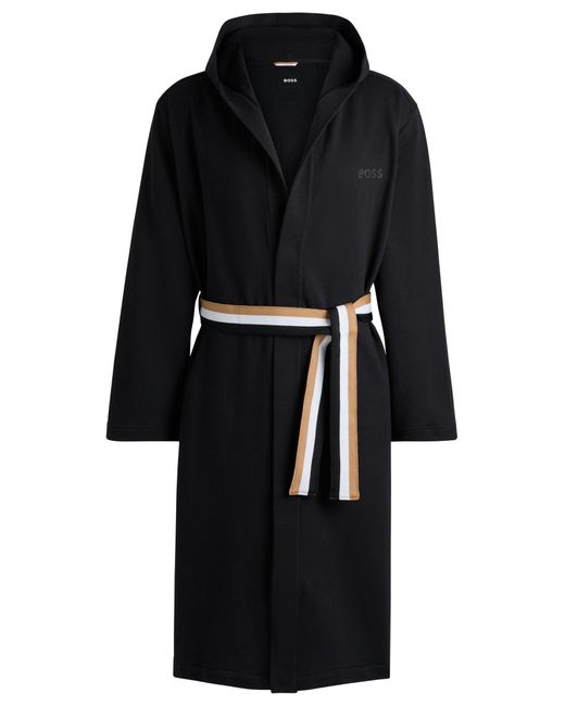 Boss Black Cotton-terry Hooded Dressing Gown With Signature-stripe Belt for men