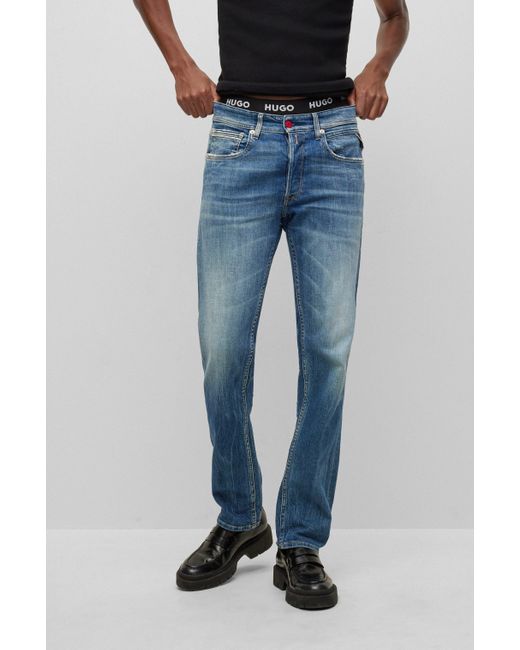 BOSS by HUGO BOSS | Replay Straight-fit Jeans In Mid-blue Stretch Denim for  Men | Lyst