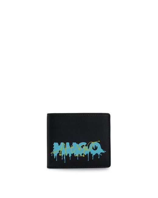 HUGO Black Leather Billfold Wallet With Double Logo for men