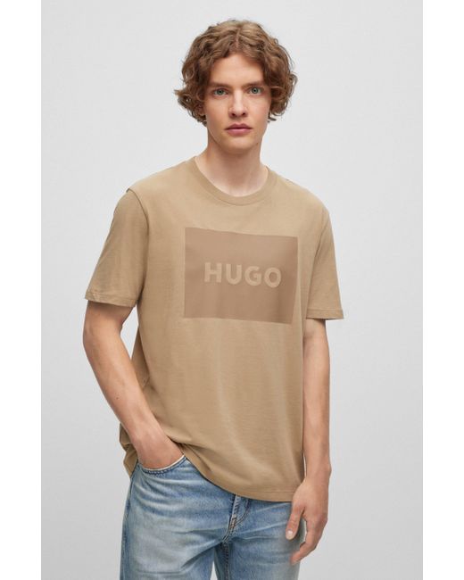 HUGO Brown Cotton-jersey Regular-fit T-shirt With Logo Print for men