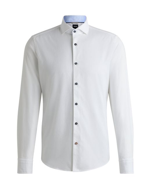 Boss White Casual-fit Shirt In Structured Cotton With Spread Collar for men