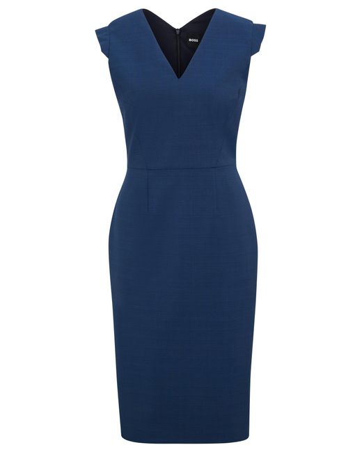 Boss Blue Cap-sleeve V-neck Dress In Melange Virgin Wool