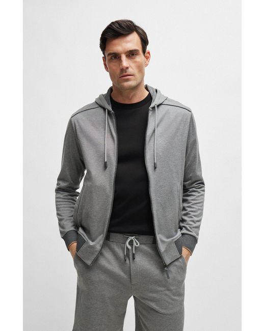 Boss Gray Double-faced Zip-up Hoodie In Cotton for men