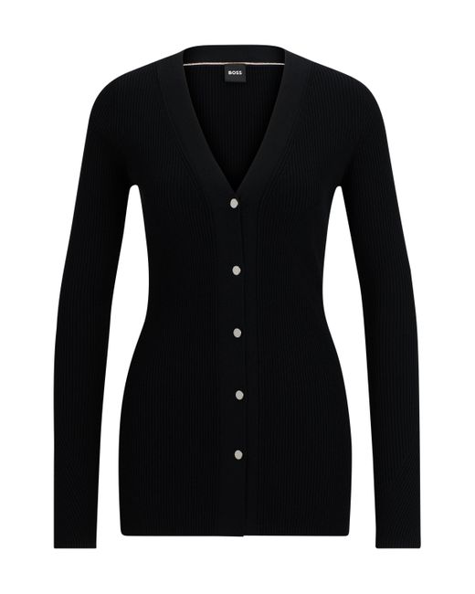 Boss Black Ribbed Cardigan With Metal Buttons And V-neckline