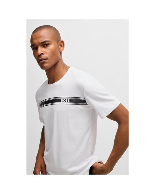 Boss White Cotton-Jersey Pyjama T-Shirt With Logo And Stripe for men