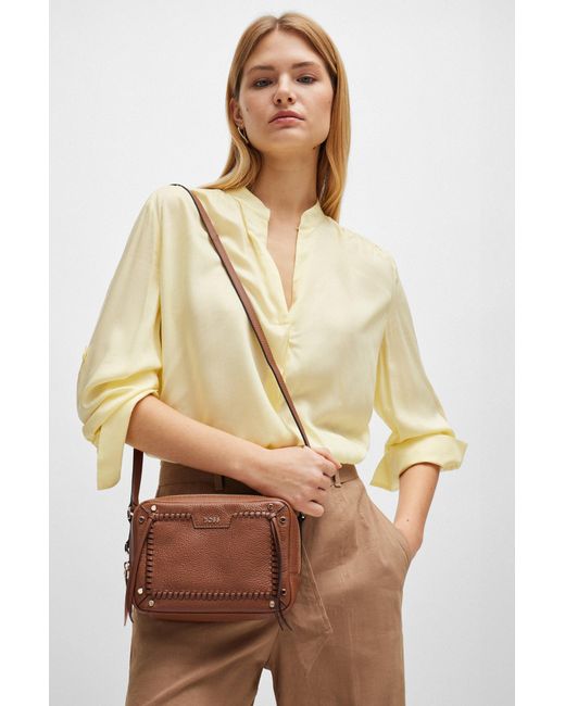 Boss Brown Grained-leather Crossbody Bag With Whipstitch Details