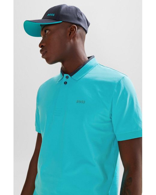 Boss Blue Stretch-cotton Polo Shirt With 3d-stripe Collar for men