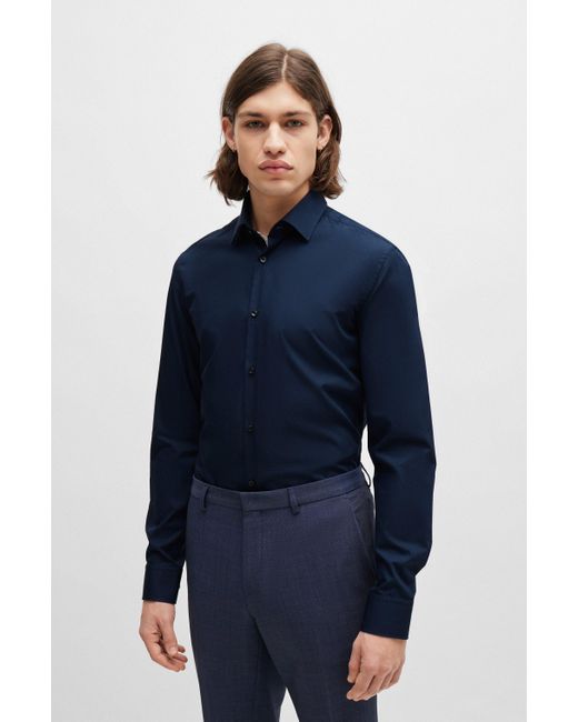 HUGO Slim-fit Overhemd Van Gemakkelijk Te Strijken Katoenen Popeline in het Blue voor heren