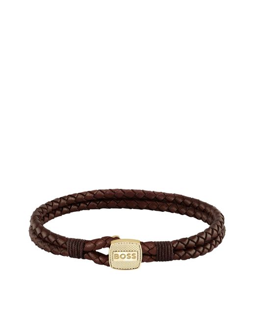 Boss Armband Van Gevlochten Leer Met Goudkleurige Sluiting in het Brown voor heren