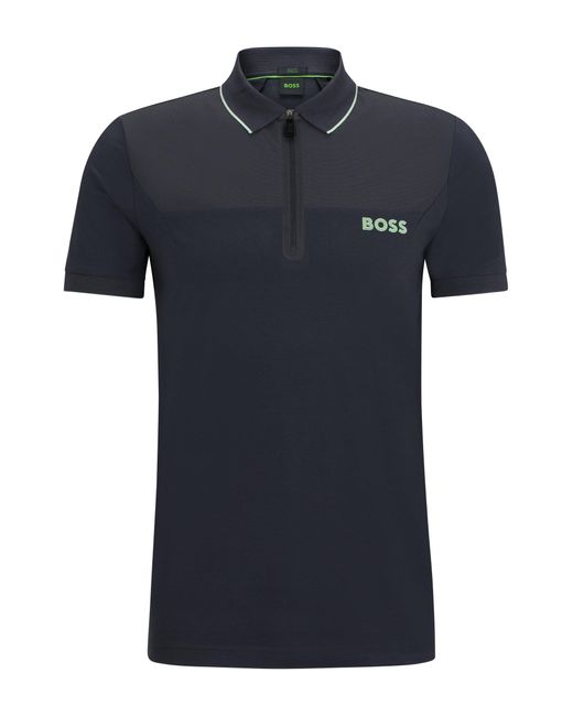 Boss Black Zip-neck Slim-fit Polo Shirt With Mesh Details for men