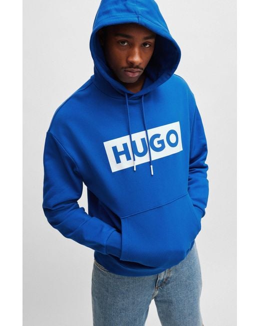 HUGO Blue Relaxed-fit Hoodie In French Terry With Logo Print for men