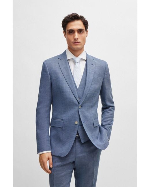 Boss Blue Slim-fit Suit In A Hopsack-weave Wool Blend for men