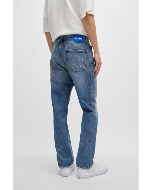 HUGO Regular-fit Jeans In Mid-blue Paint-splashed Denim for men