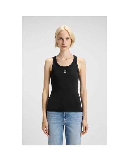 HUGO Blue Ribbed Cotton-Blend Tank Top With Embroidered Stacked Logo