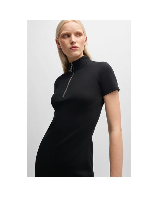 HUGO Black Stretch-Cotton Dress With Logo Zip Puller