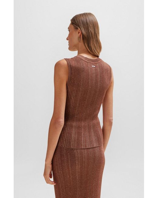 Boss Brown Sleeveless Knitted Top With Ribbed Structure