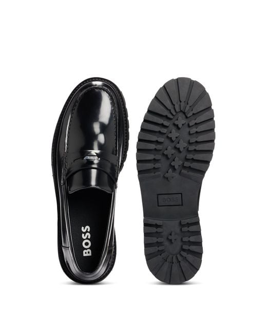 Boss Black Leather Moccasins With Branded Penny Trim for men