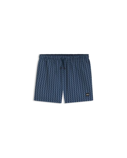 Boss Blue Printed Swim Shorts With Logo Badge for men