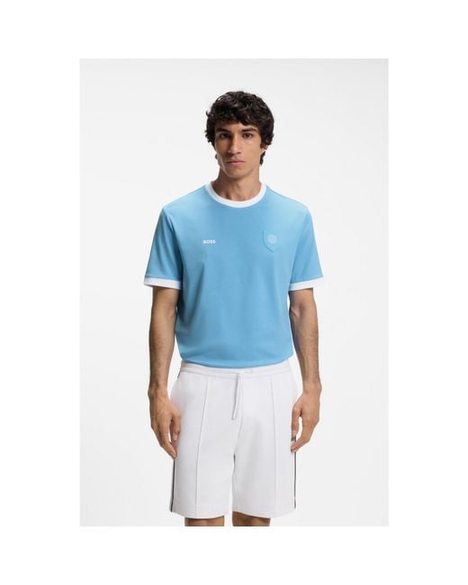 Boss Blue Stretch-Cotton T-Shirt With Country Flag And Logo for men