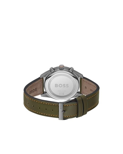 Boss Green Dial Chronograph Watch With Leather Strap for men