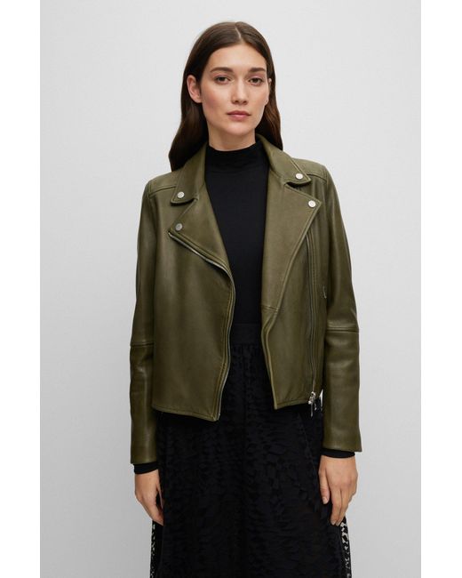 Boss Green Slim-fit Leather Jacket With Asymmetric Front Zip