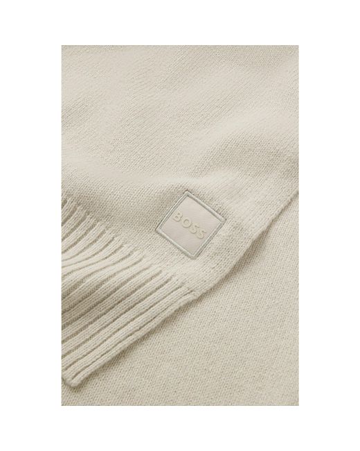 Boss White Ribbed-Hem Plain-Knit Scarf With Woven Logo Badge for men