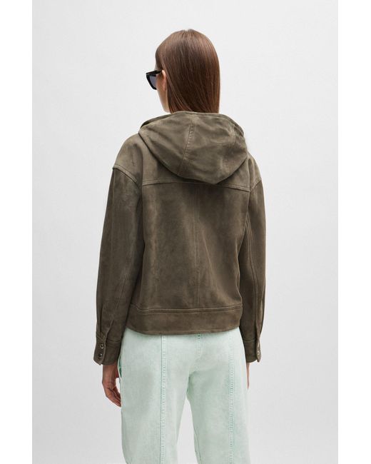 Boss Gray Regular-fit Hooded Jacket In Soft Suede