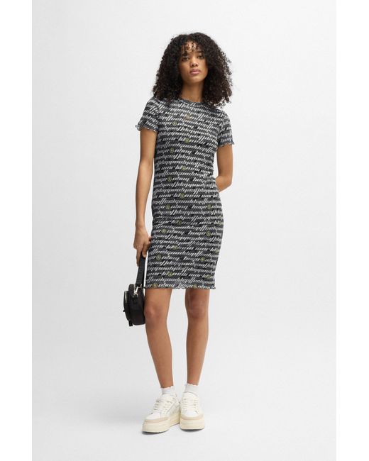 HUGO Gray Bodycon-Kleid Aus Stretch-Mesh Mit Digital-Print